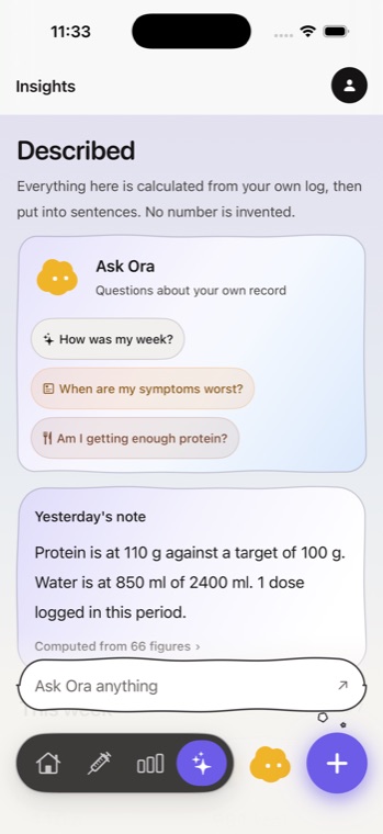 The Insights screen headed “Described”, with an Ask Ora card and a note computed from 66 figures in the user’s own log.